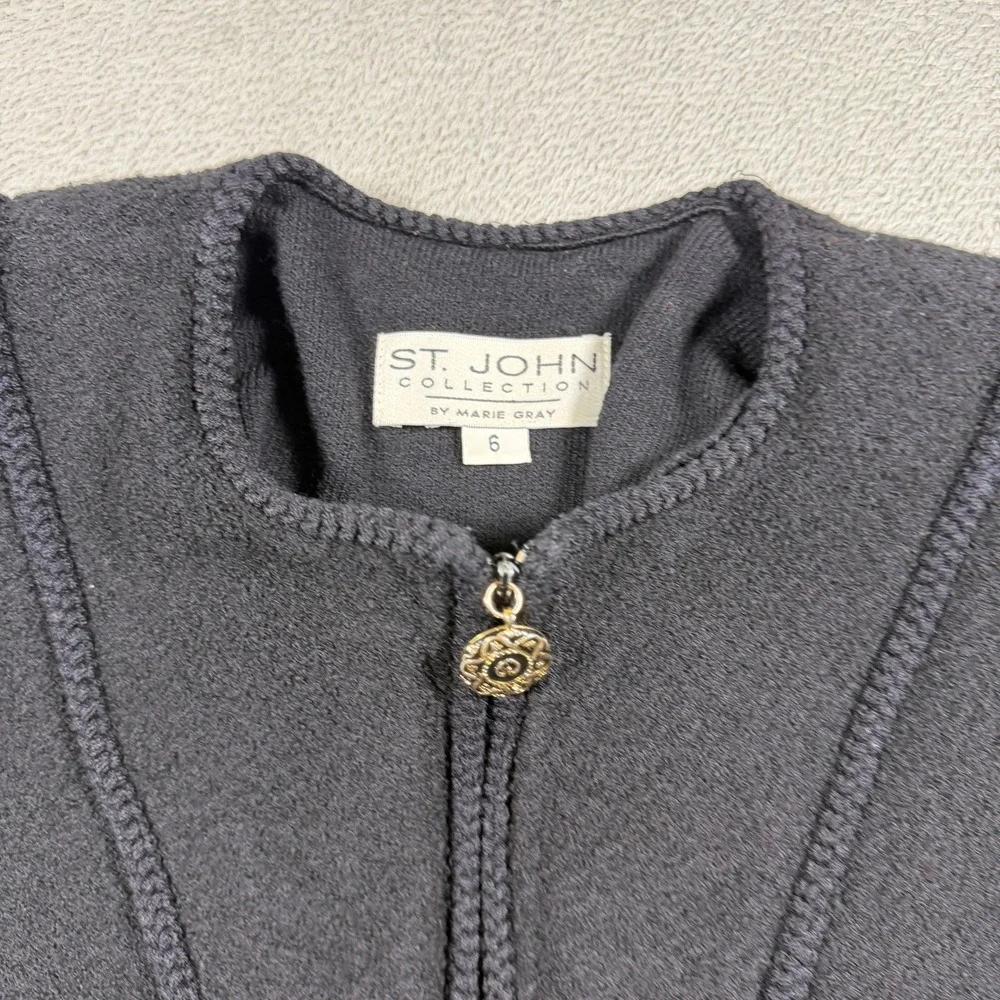 St John Collection Marie Gray Jacket Womens 6 Black Zip Front Knit Gold Buttons